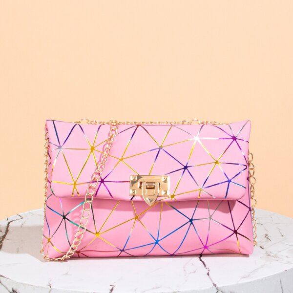 Metal Lock Geometric Graphic Chain Bag, Pink