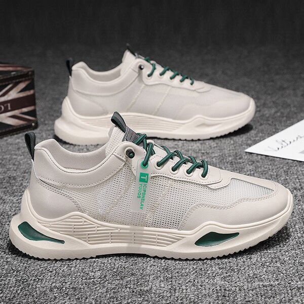 Men Mesh Panel Lace-up Front Sneakers, Beige