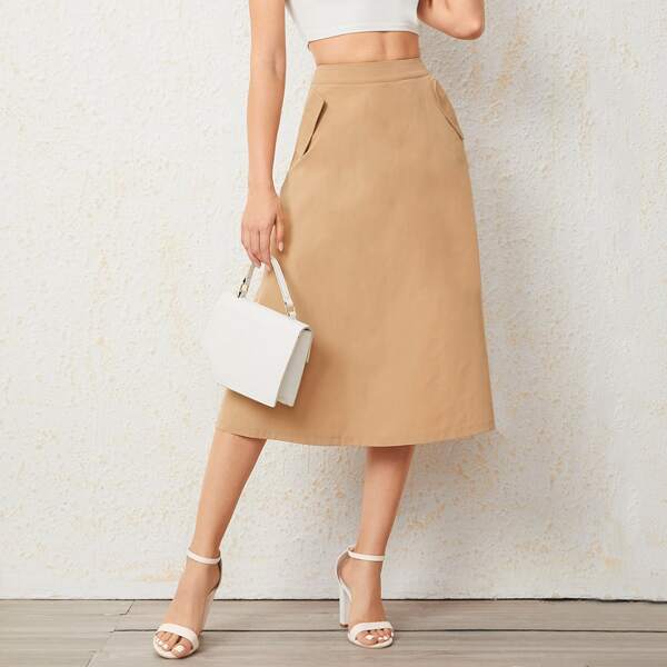 Solid High Waist A-line Skirt, Khaki