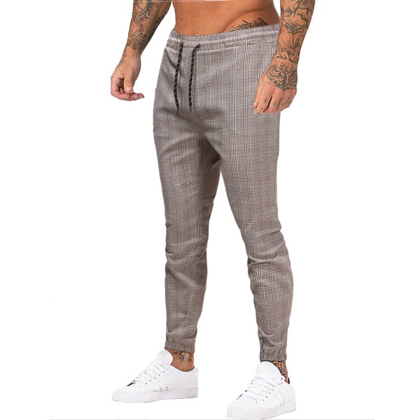 Men Plaid Print Drawstring Waist Pants, Khaki