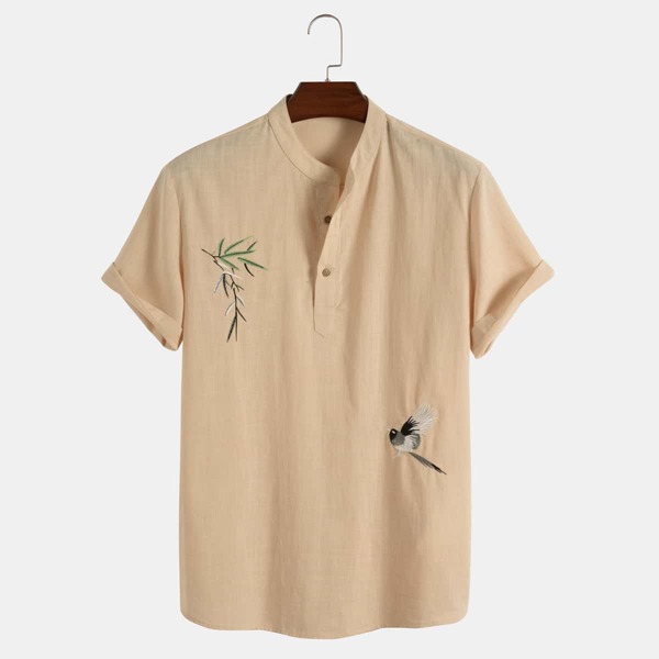 Men Leaf & Bird Embroidered Shirt, Khaki
