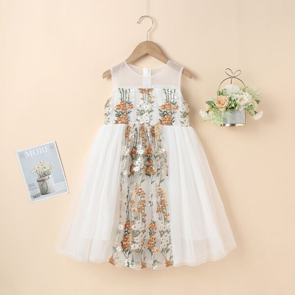 Girls Floral Embroidery Mesh Dress, White