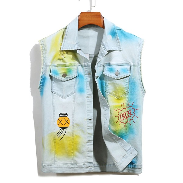 Men Flap Pocket Tie Dye Ripped Denim Jacket, Multicolor
