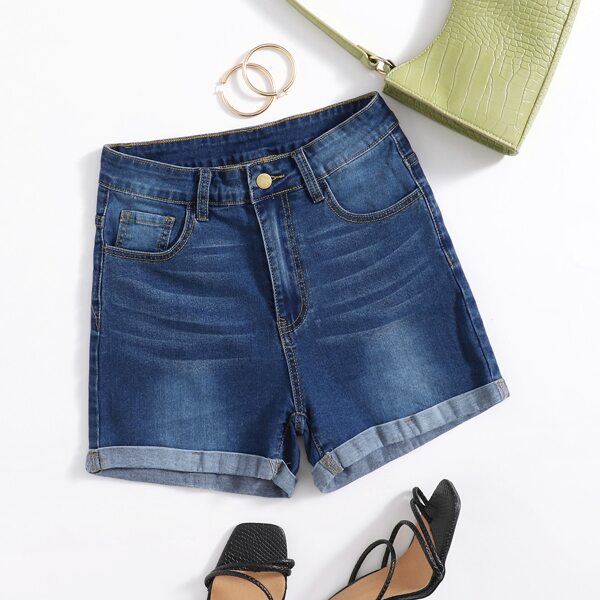 Rolled Hem Denim Shorts, Dark wash