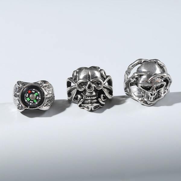 3pcs Men Skull Decor Ring, Silver