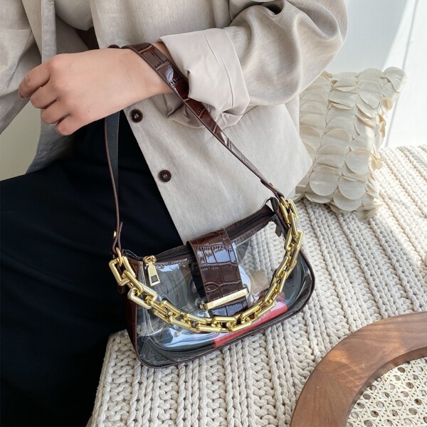 Clear Croc Embossed Shoulder Bag, Coffee brown