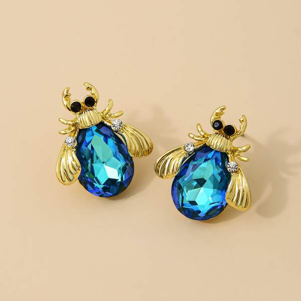 Gemstone Decor Insect Design Earrings, Blue