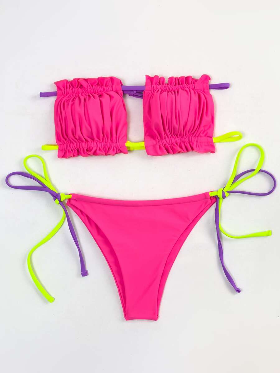Summer Ruched Frill Bandeau Tie Side Bikini Set