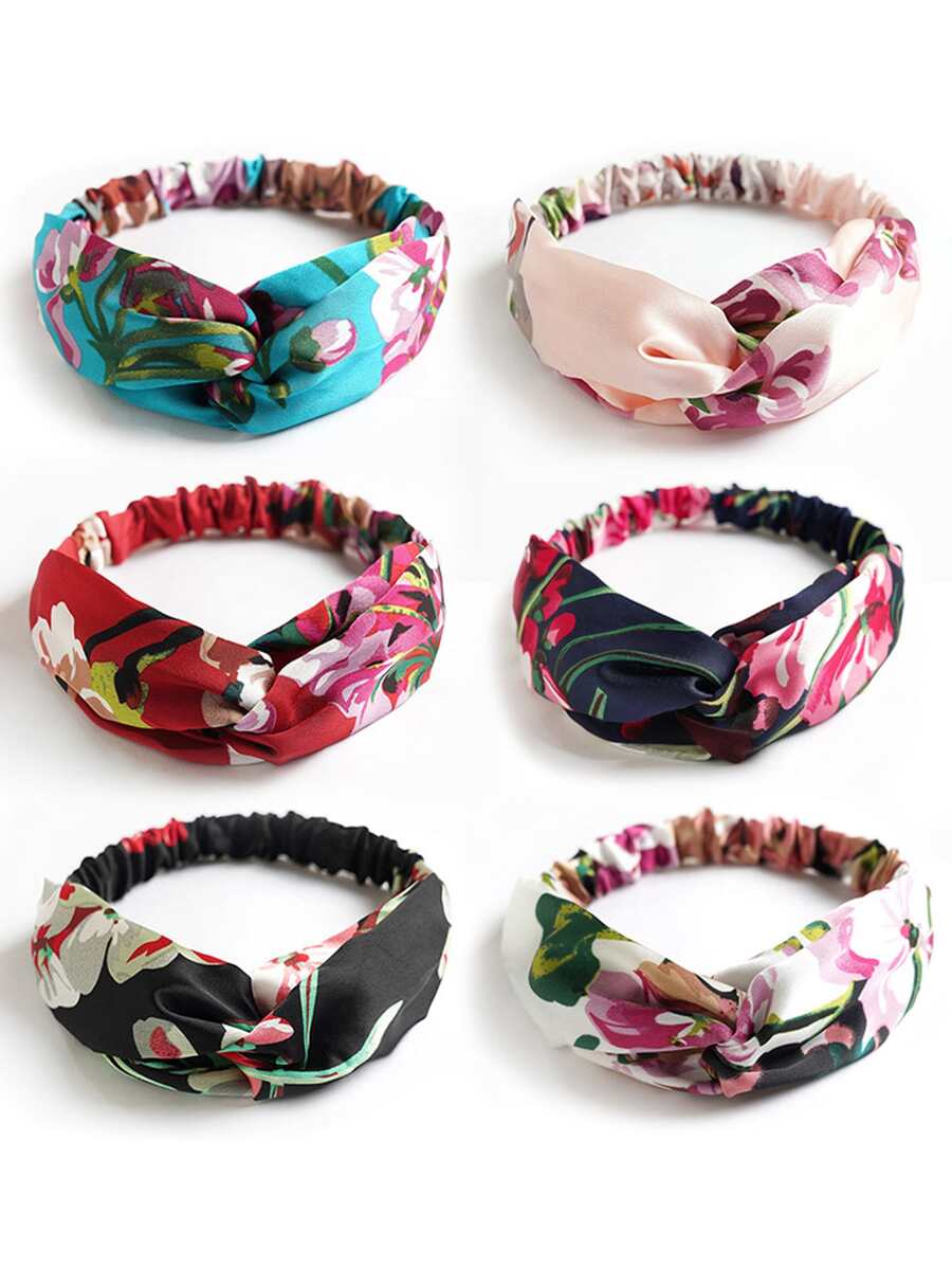 6pcs/Pack Satin Floral Crossover Knotted Elastic Hair Bands For Women Headband Turban Headband Sweatband
