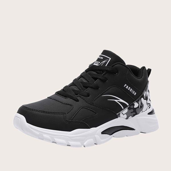 Men Letter Graphic Lace Up Front Sneakers, Black and white