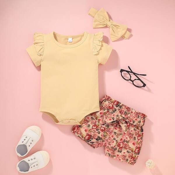 Baby Girl Ruffle Trim Bodysuit With Floral Print Belted Shorts With Headband, Multicolor
Baby Girl Ruffle Trim Bodysuit With Floral Print Belted Shorts With Headband, Multicolor
