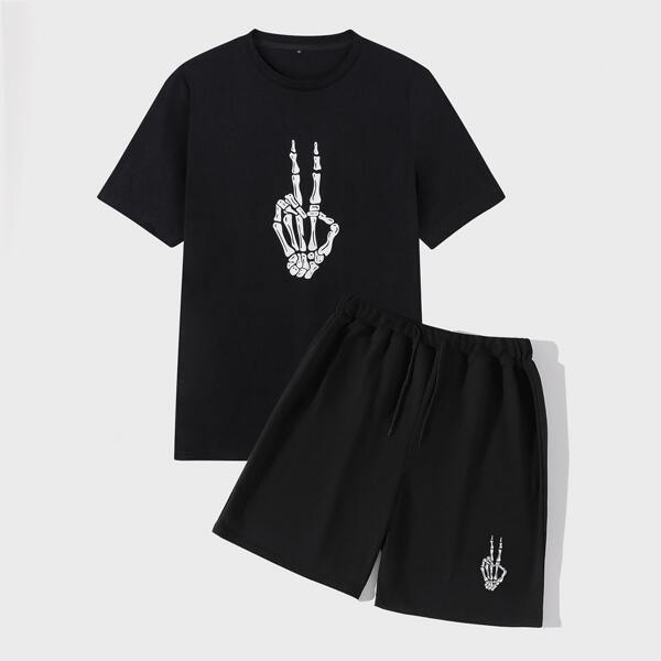 Men Skeleton Print Tee & Shorts, Black
