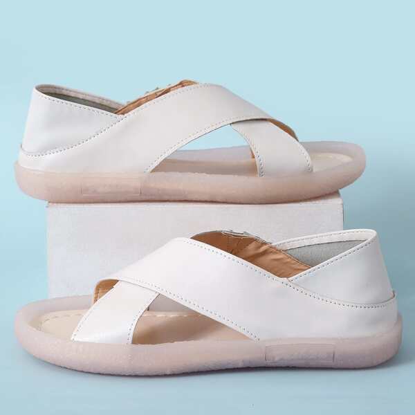Criss Cross Flat Sandals, Beige