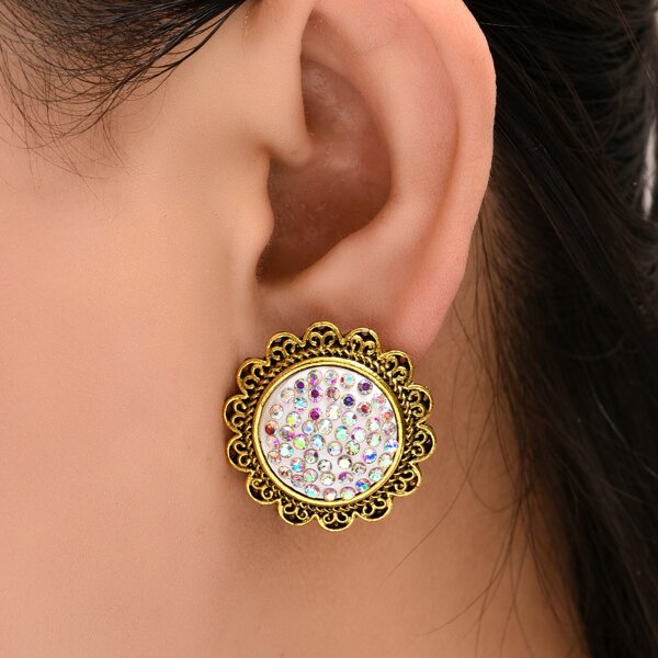 Rhinestone Decor Stud Earrings, Bronze