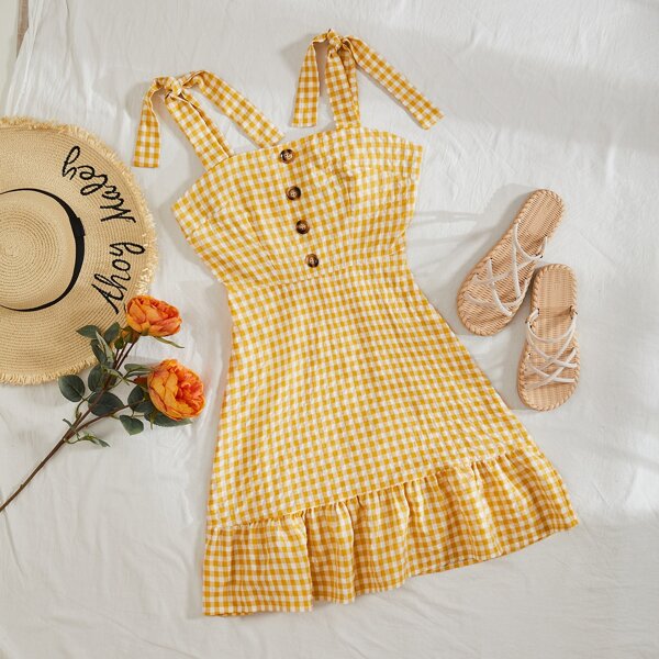 Gingham Fake Button Ruffle Hem Knot Cami Dress, Yellow