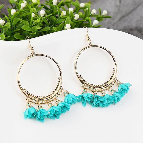Fabric Flower Drop Earrings, Blue