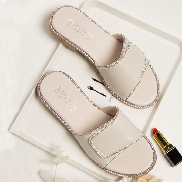 Rhinestone Decor Slide Sandals, Beige