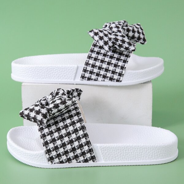 Bow Decor Houndstooth Slides, Black and white