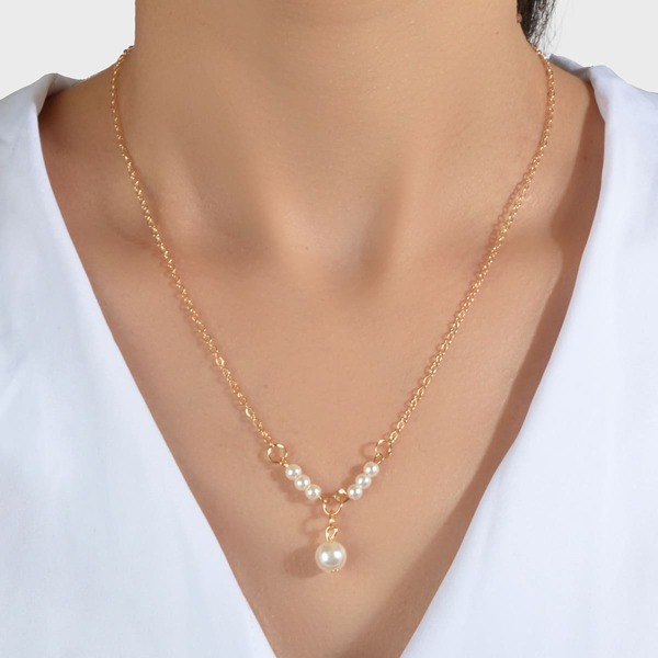 Faux Pearl Charm Necklace, Gold