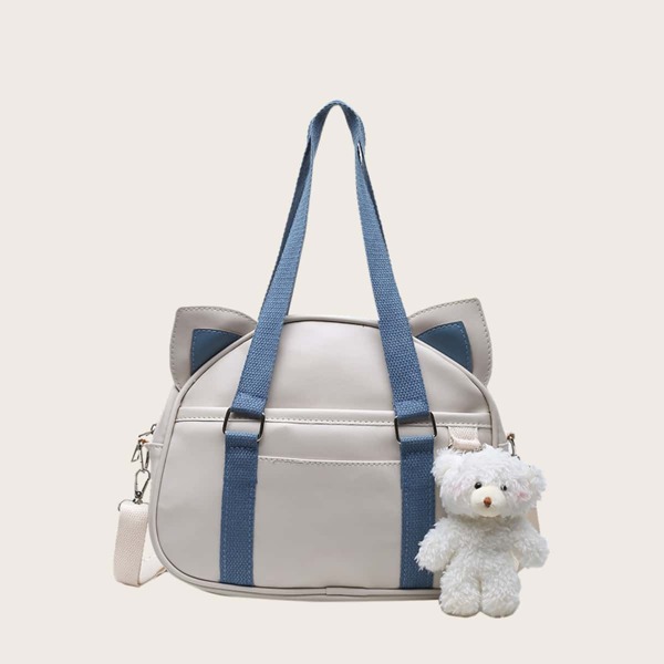 Girls Cartoon Cat Design Tote Bag, Beige