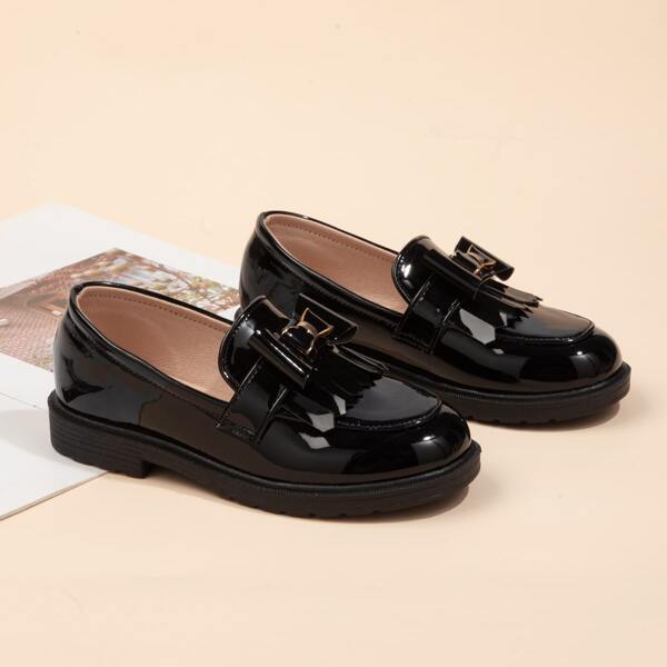 Girls Fringe & Bow Decor Loafers, Black