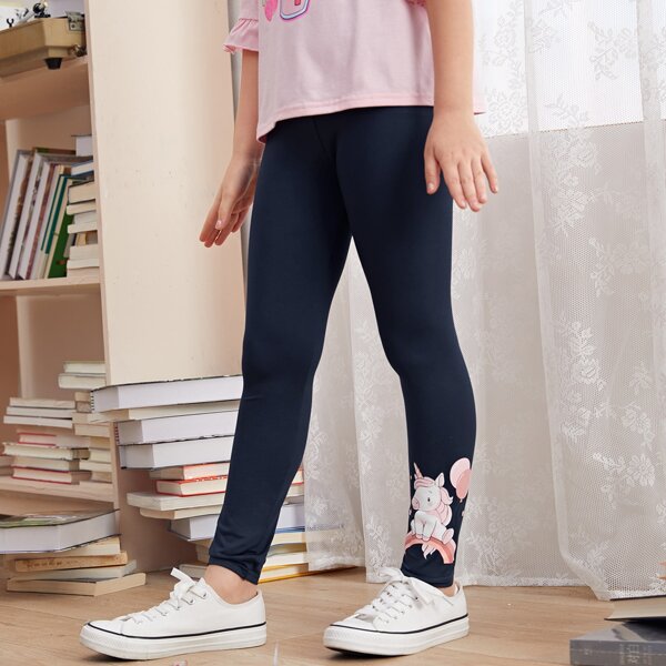 Girls Unicorn Print Leggings, Navy blue