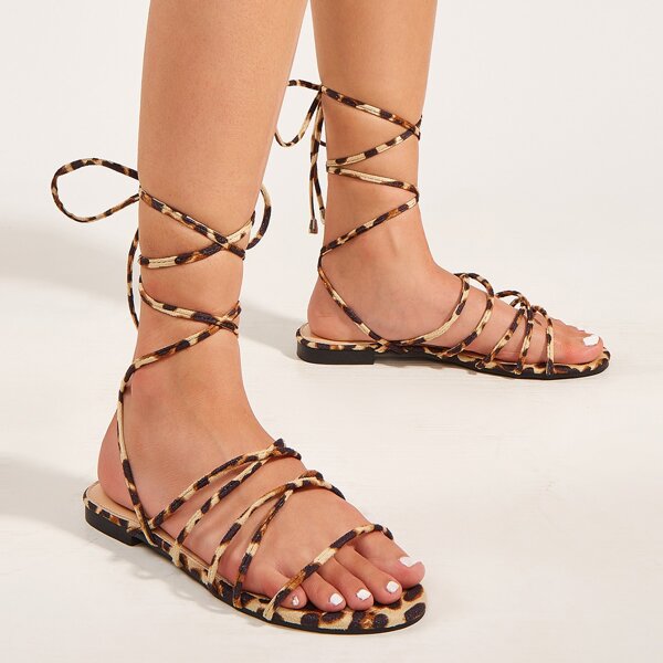 Leopard Thin Strap Tie Leg Sandals, Brown