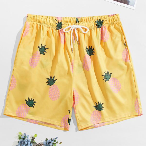 Men Fruit Print Shorts, Yellow