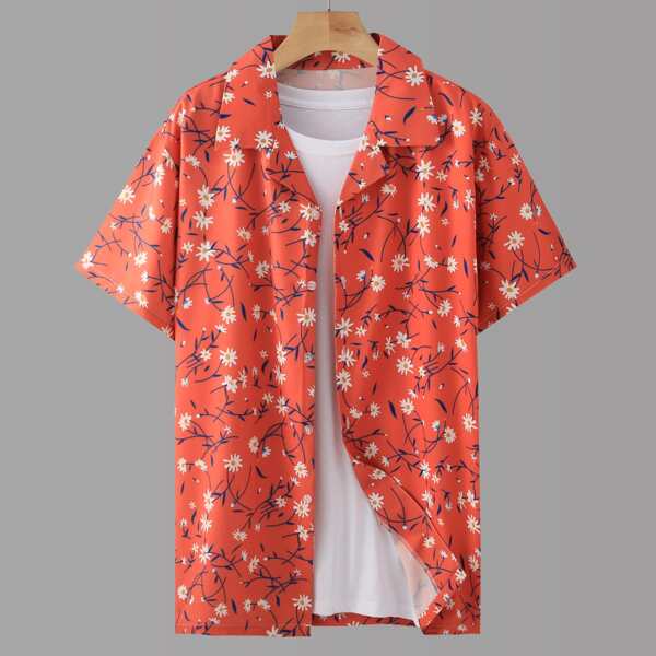 Men 1pc Floral Print Button Up Shirt, Orange
Men 1pc Floral Print Button Up Shirt, Orange
