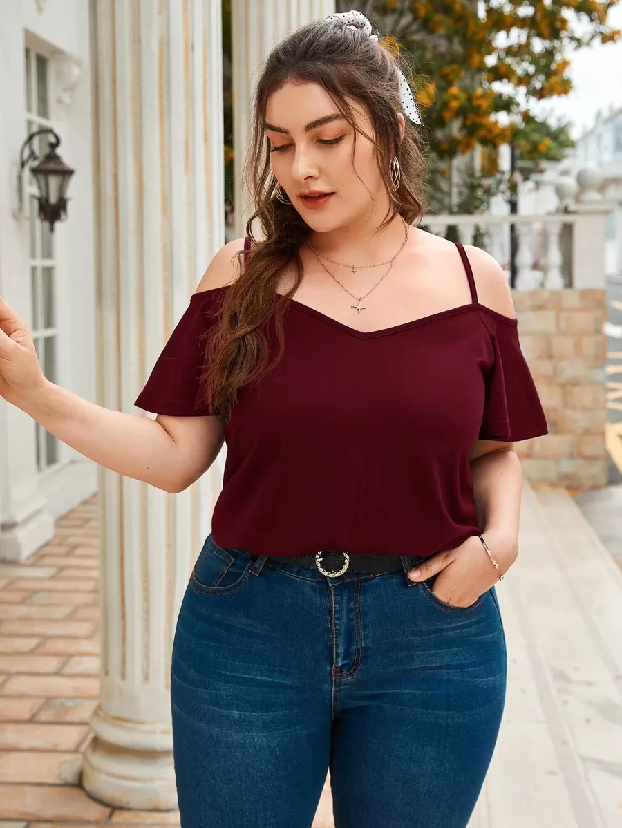 SHEIN Clasi Plus Cold Shoulder Solid Color Short Sleeve Tee