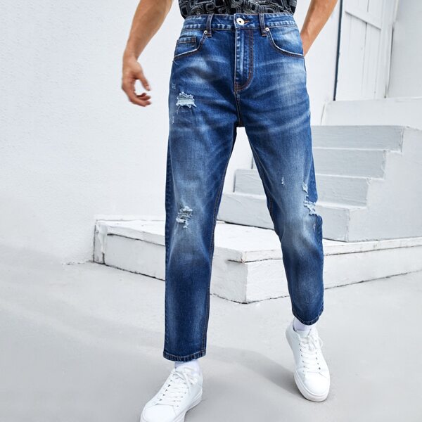 Men Ripped Washed Jeans, Medium wash