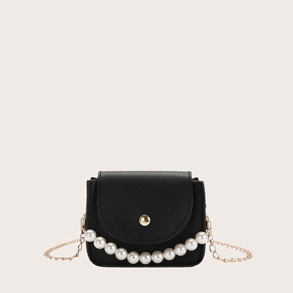 Girls Faux Pearl Decor Flap Shoulder Bag, Black