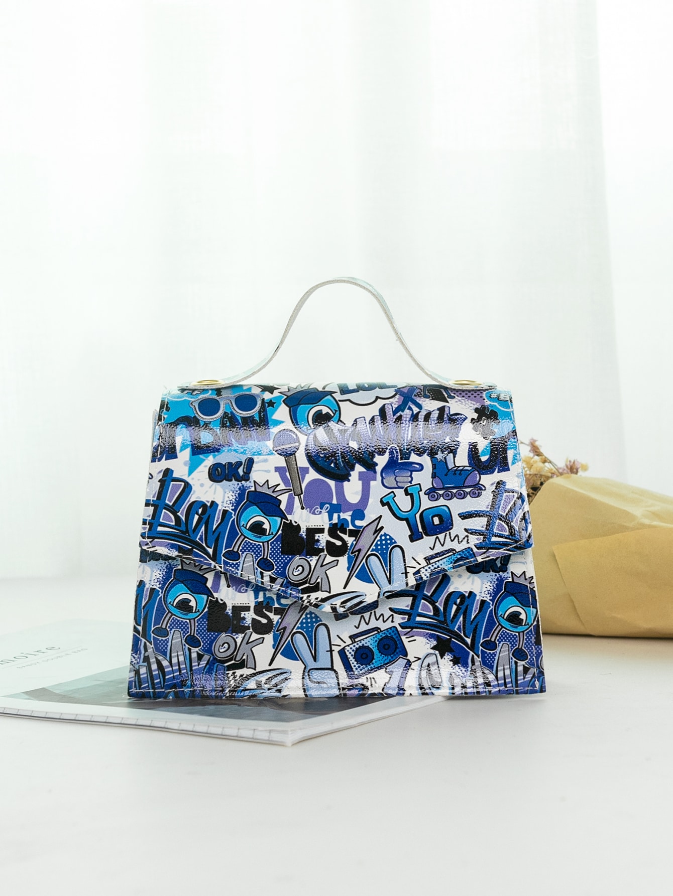 Letter Graphic Flap Satchel Bag