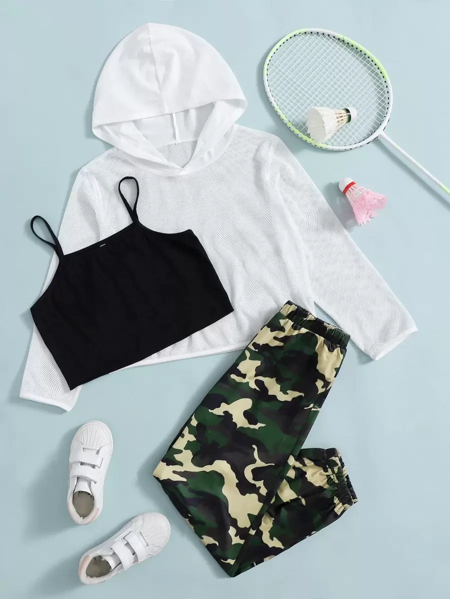Girls 1pc Cami Top & 1pc Camo Pants & 1pc Mesh Hoodie