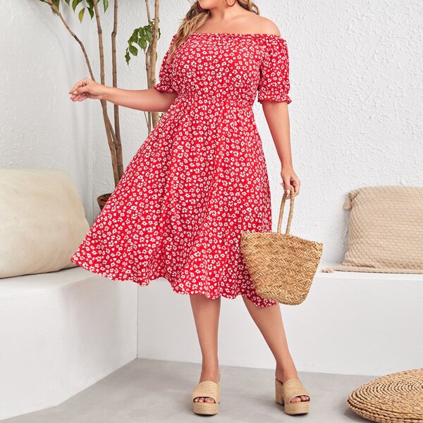 Plus Ditsy Floral Bardot A-line Dress, Red