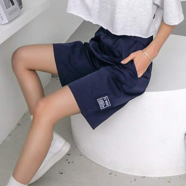 Letter Patched Elastic Waist Shorts, Navy blue