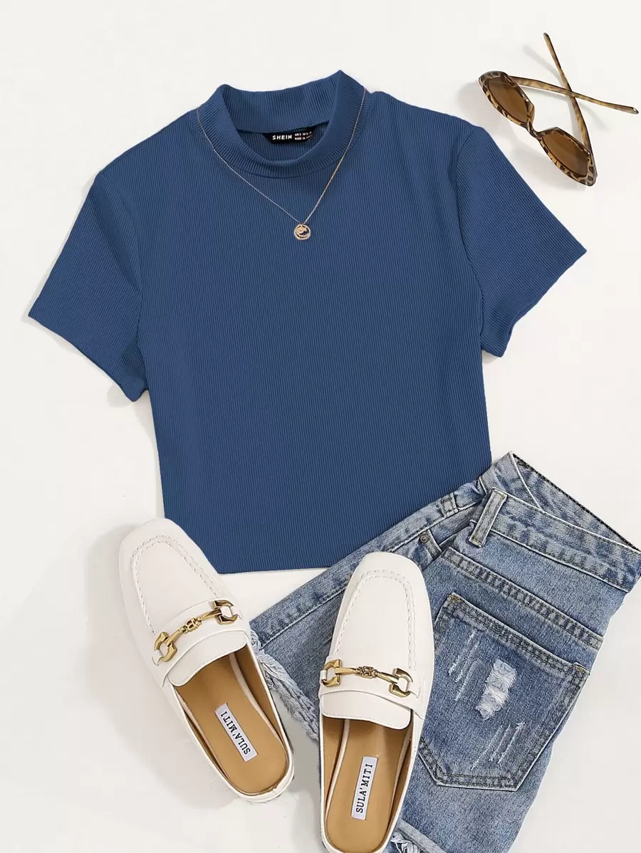 SHEIN MOOSTA Mock Neck Rib Knit Tee