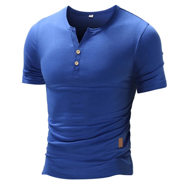 Men Solid Button Front Notch Neck Tee, Blue