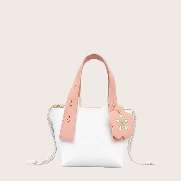 Girls Floral Decor Drawstring Shoulder Bag, White
