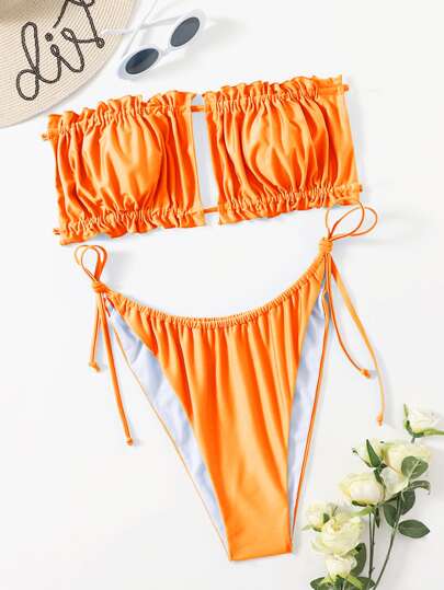 ruched frill bandeau tie side bikini swimsuit