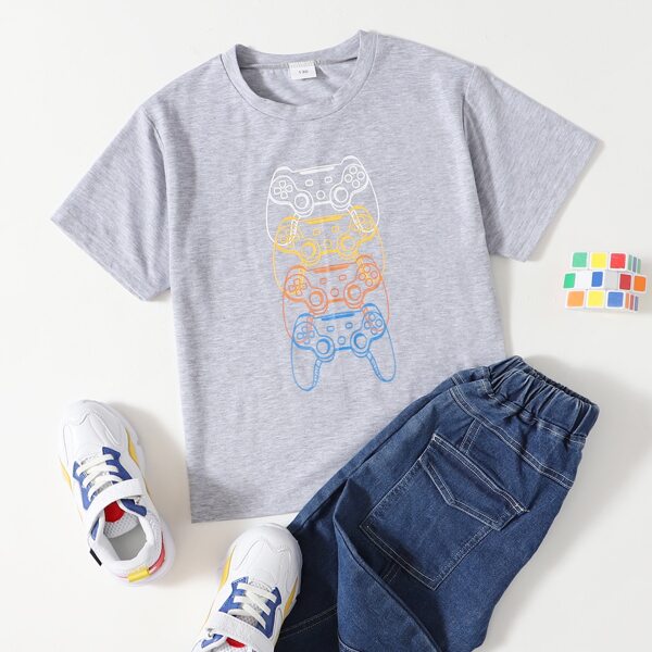 Boys Gamepad Print Crew Neck Tee, Grey