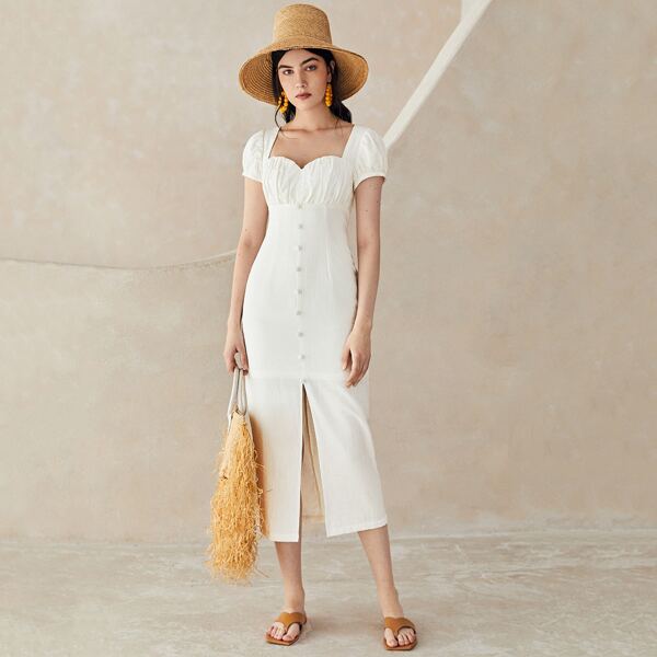 Split Hem Milkmaid Dress, White