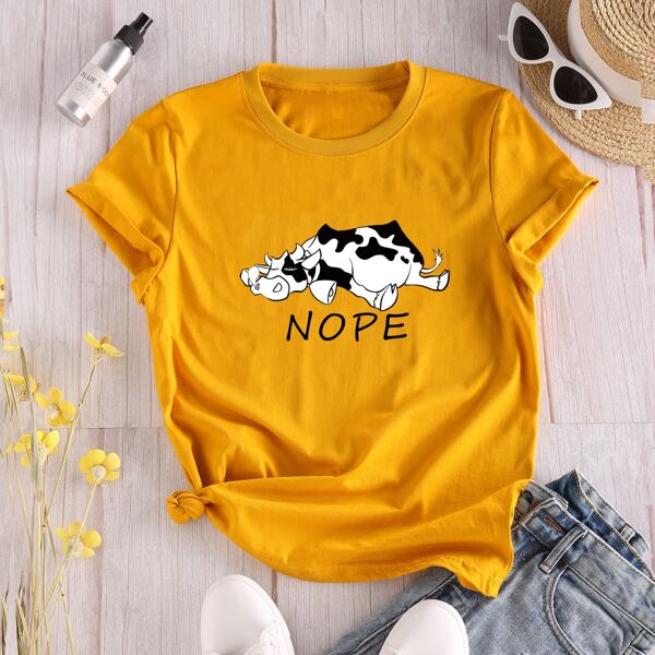 Letter & Cow Print Tee, Mustard yellow