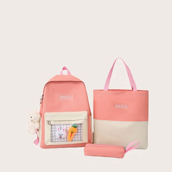 3pcs Girls Two Tone Backpack, Pink