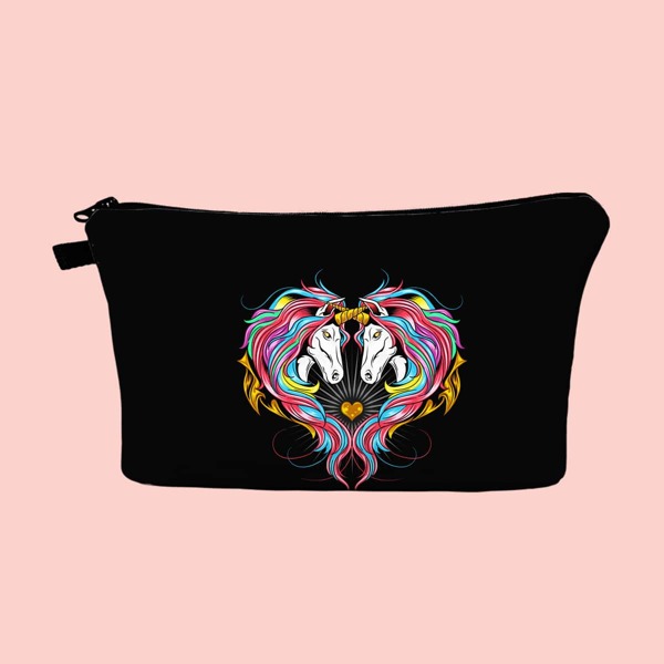 Unicorn Pattern Zipper Makeup Bag, Black