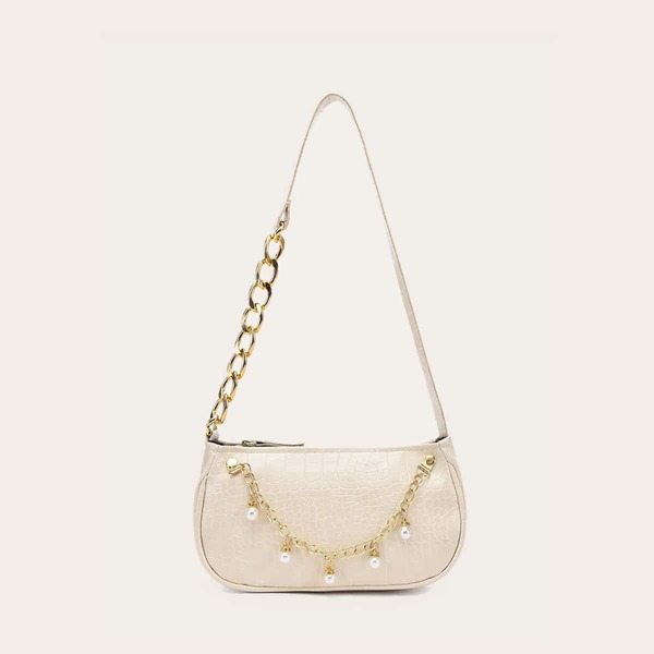 Faux Pearl & Chain Decor Baguette Bag, Beige