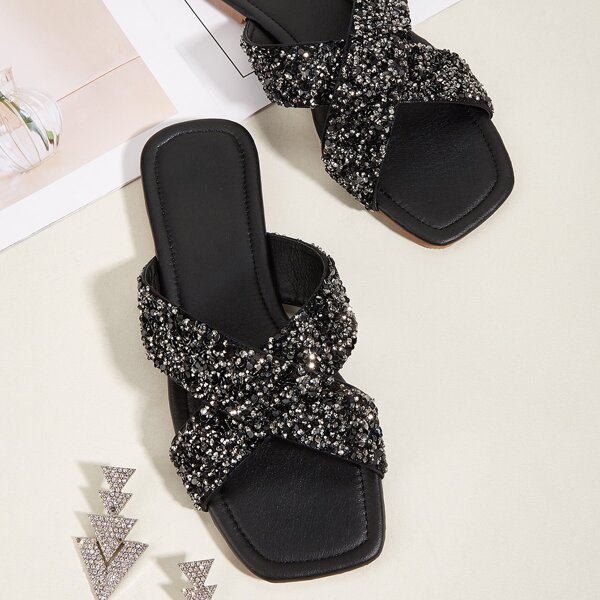 Glitter Decor Cross Strap Slide Sandals, Black
