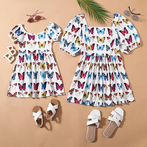 Toddler Girls Butterfly Print Dress, Multicolor