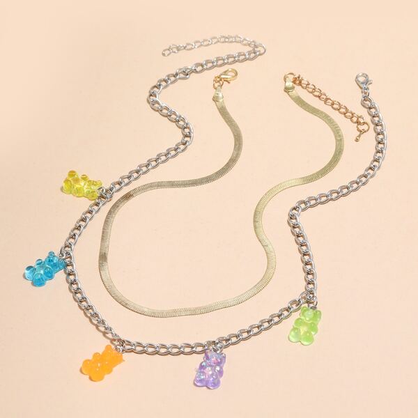 2pcs Bear Charm Necklace, Multicolor