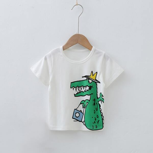 Toddler Boys Cartoon Dinosaur Print Tee, White